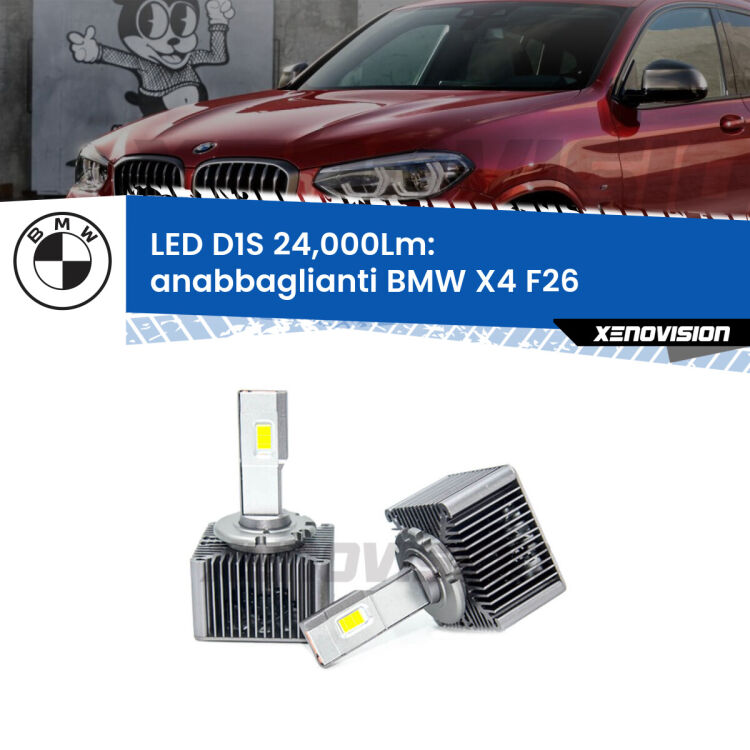 Anabbaglianti LED D1S 24,000Lm per BMW X4 F26 2014 - 2017 <strong>Lampade conversione a LED specifiche per BMW X4</strong> F26 2014 - 2017 con fari D1S xenon di serie. Lampade Canbus da 24.000Lumen, Qualità Massima.
