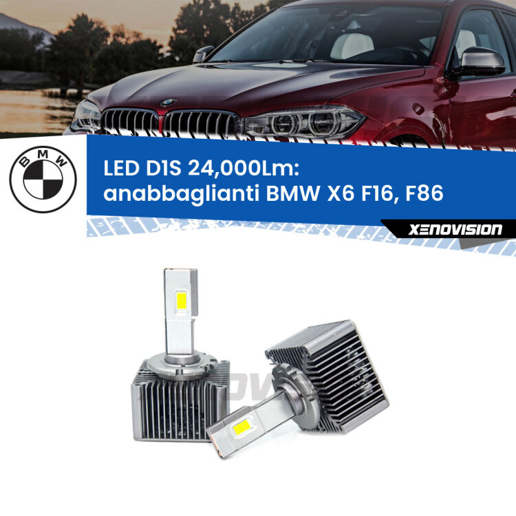 Anabbaglianti LED D1S 24,000Lm per BMW X6 F16, F86 2015 - 2019 <strong>Lampade conversione a LED specifiche per BMW X6</strong> F16, F86 2015 - 2019 con fari D1S xenon di serie. Lampade Canbus da 24.000Lumen, Qualità Massima.