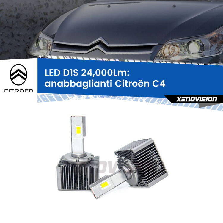 Anabbaglianti LED D1S 24,000Lm per Citroën C4  2004 - 2011 <strong>Lampade conversione a LED specifiche per Citroën C4</strong>  2004 - 2011 con fari D1S xenon di serie. Lampade Canbus da 24.000Lumen, Qualità Massima.