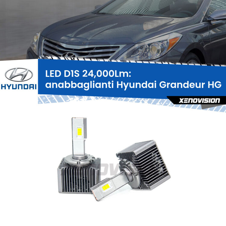 <strong>Lampade conversione a LED specifiche per Hyundai Grandeur</strong> HG 2011 - 2016 con fari D1S xenon di serie. Lampade Canbus da 24.000Lumen, Qualità Massima.