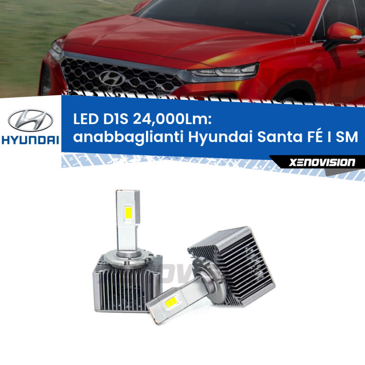 Anabbaglianti LED D1S 24,000Lm per Hyundai Santa FÉ I SM 2001 - 2012 <strong>Lampade conversione a LED specifiche per Hyundai Santa FÉ I</strong> SM 2001 - 2012 con fari D1S xenon di serie. Lampade Canbus da 24.000Lumen, Qualità Massima.