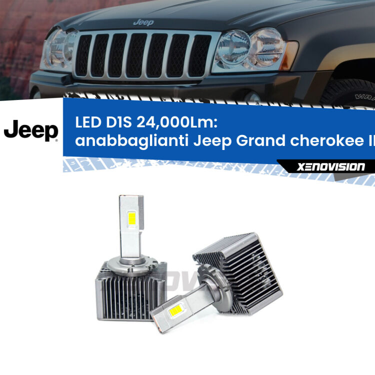 Anabbaglianti LED D1S 24,000Lm per Jeep Grand cherokee III WK 2005 - 2010 <strong>Lampade conversione a LED specifiche per Jeep Grand cherokee III</strong> WK 2005 - 2010 con fari D1S xenon di serie. Lampade Canbus da 24.000Lumen, Qualità Massima.