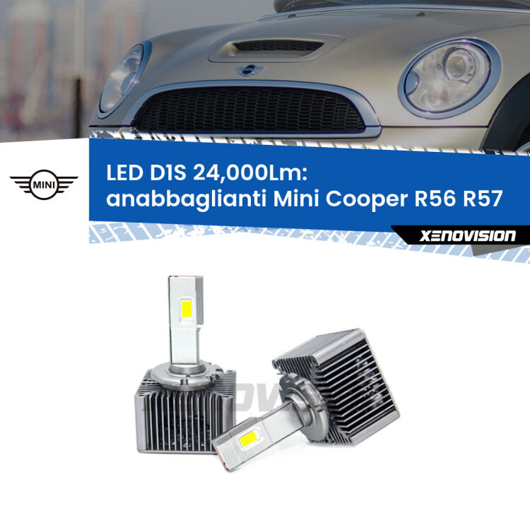 Anabbaglianti LED D1S 24,000Lm per Mini Cooper R56 R57 2006 - 2013 <strong>Lampade conversione a LED specifiche per Mini Cooper</strong> R56 R57 2006 - 2013 con fari D1S xenon di serie. Lampade Canbus da 24.000Lumen, Qualità Massima.