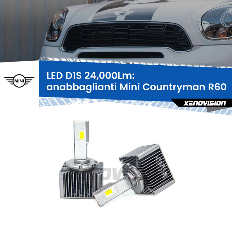 Anabbaglianti LED D1S 24,000Lm per Mini Countryman R60 2010 - 2016 <strong>Lampade conversione a LED specifiche per Mini Countryman</strong> R60 2010 - 2016 con fari D1S xenon di serie. Lampade Canbus da 24.000Lumen, Qualità Massima.