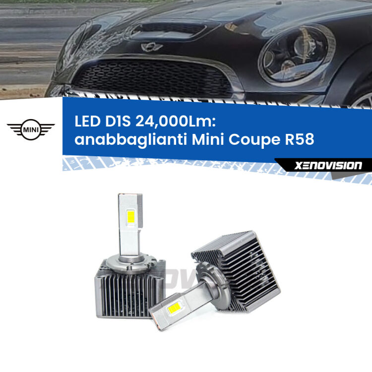 0 Anabbaglianti LED D1S 24,000Lm per Mini Coupe R58 2011 - 2015 <strong>Lampade conversione a LED specifiche per Mini Coupe</strong> R58 2011 - 2015 con fari D1S xenon di serie. Lampade Canbus da 24.000Lumen, Qualità Massima.