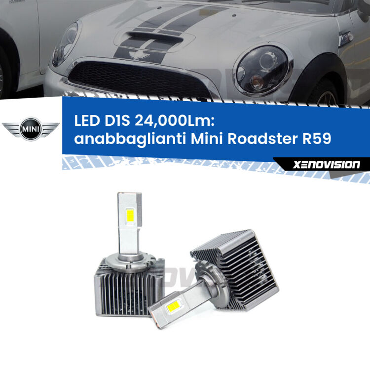 <strong>Lampade conversione a LED specifiche per Mini Roadster</strong> R59 2012 - 2015 con fari D1S xenon di serie. Lampade Canbus da 24.000Lumen, Qualità Massima.