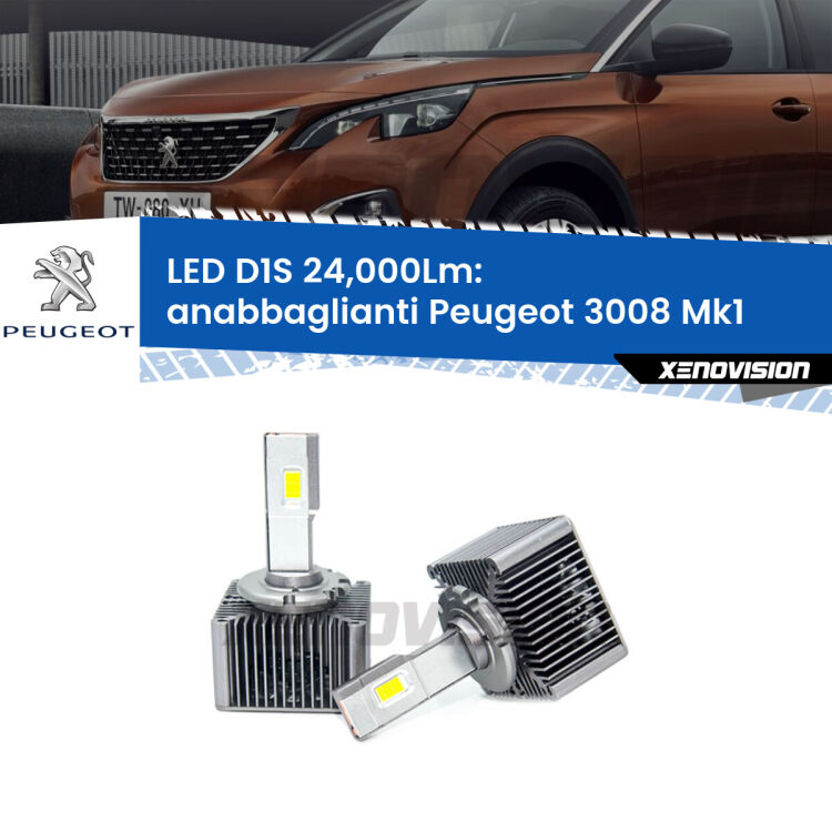 <strong>Lampade conversione a LED specifiche per Peugeot 3008</strong> Mk1 2008 - 2015 con fari D1S xenon di serie. Lampade Canbus da 24.000Lumen, Qualità Massima.