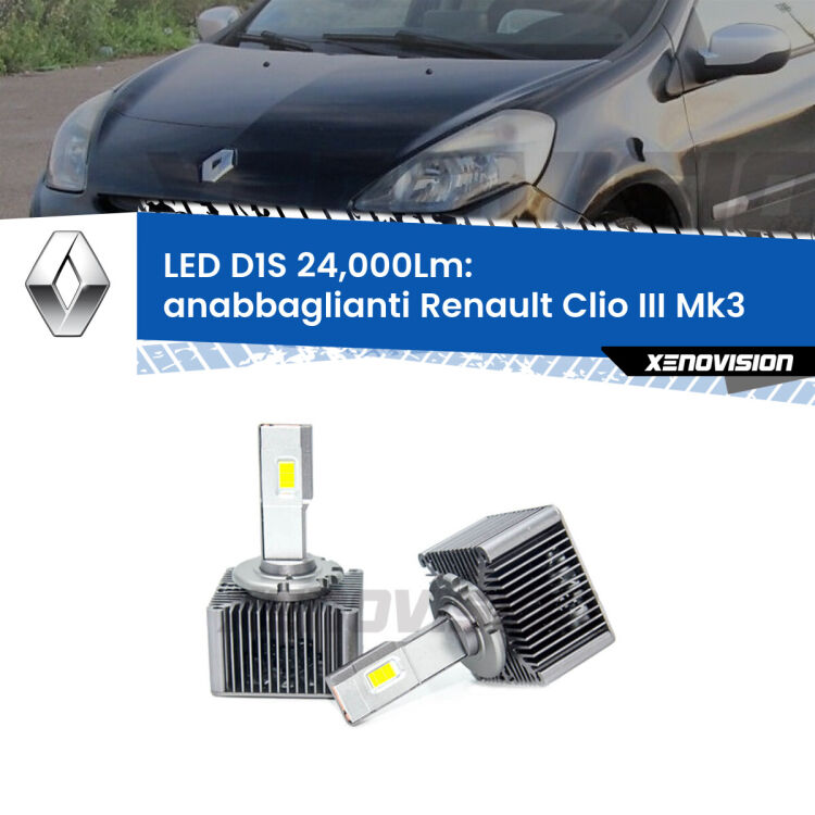Anabbaglianti LED D1S 24,000Lm per Renault Clio III  2005 - 2011 <strong>Lampade conversione a LED specifiche per Renault Clio III</strong>  2005 - 2011 con fari D1S xenon di serie. Lampade Canbus da 24.000Lumen, Qualità Massima.