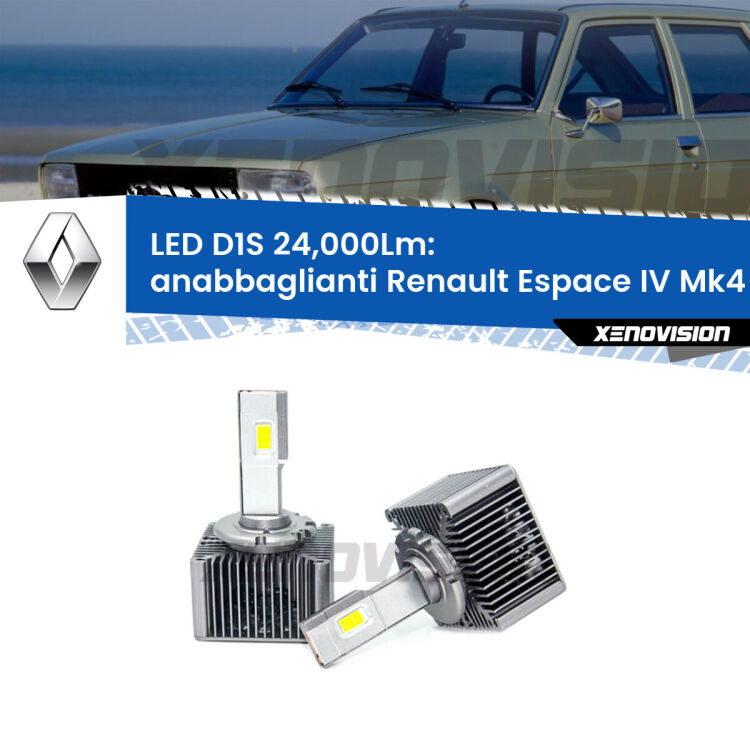 <strong>Lampade conversione a LED specifiche per Renault Espace IV</strong> Mk4 2006 - 2015 con fari D1S xenon di serie. Lampade Canbus da 24.000Lumen, Qualità Massima.