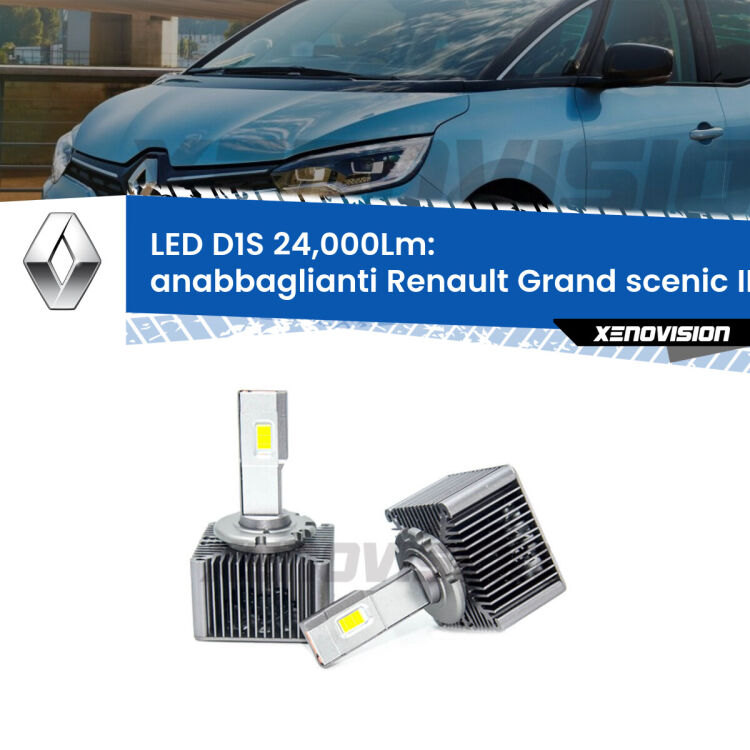 <strong>Lampade conversione a LED specifiche per Renault Grand scenic II</strong> Mk2 2006 - 2009 con fari D1S xenon di serie. Lampade Canbus da 24.000Lumen, Qualità Massima.