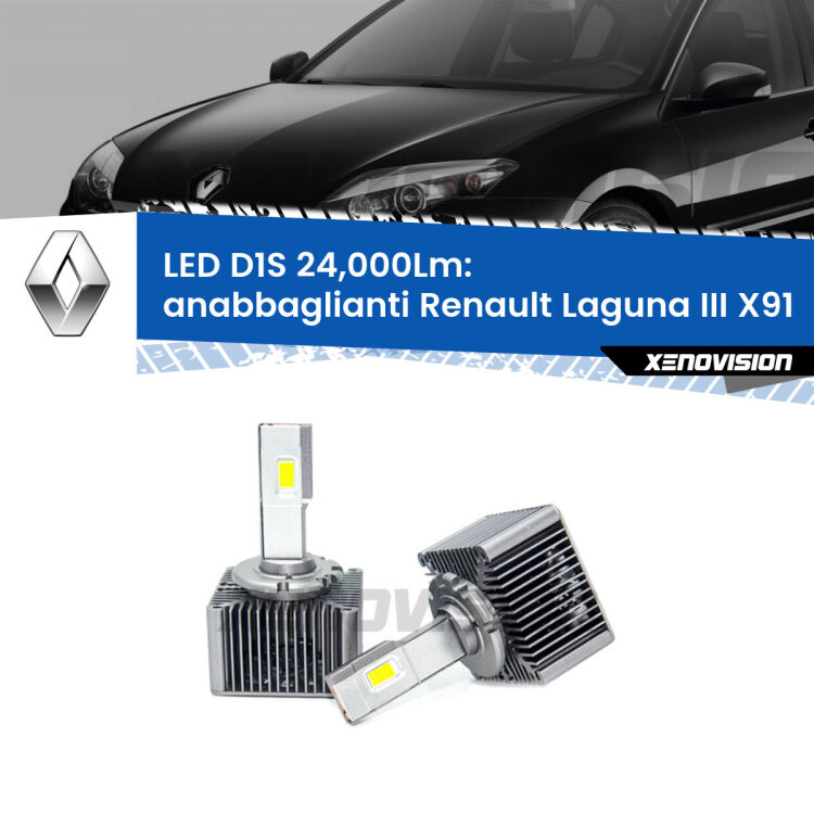 <strong>Lampade conversione a LED specifiche per Renault Laguna III</strong> X91 2007 - 2015 con fari D1S xenon di serie. Lampade Canbus da 24.000Lumen, Qualità Massima.