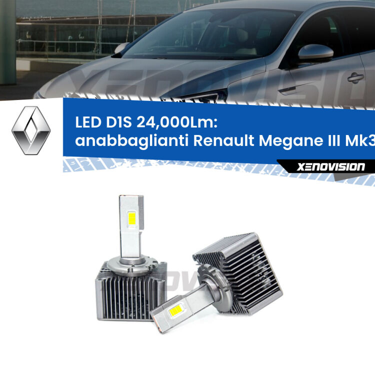 <strong>Lampade conversione a LED specifiche per Renault Megane III</strong> Mk3 2008 - 2015 con fari D1S xenon di serie. Lampade Canbus da 24.000Lumen, Qualità Massima.