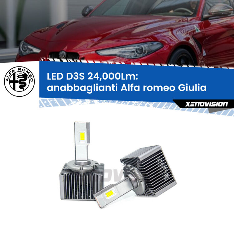 Anabbaglianti LED D3S per Alfa romeo Giulia  senza luci svolta 24,000Lumen Canbus <strong>Kit trasformazione a LED per fari xenon di serie Alfa romeo Giulia</strong>  senza luci svolta. Lampade <strong>D3S</strong> Plug&Play no-errori 24.000Lumen da Xenovision.