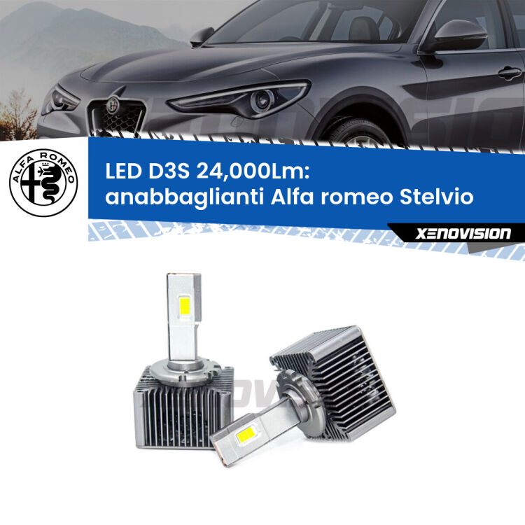Anabbaglianti LED D3S per Alfa romeo Stelvio  2016 in poi 24,000Lumen Canbus <strong>Kit trasformazione a LED per fari xenon di serie Alfa romeo Stelvio</strong>  2016 in poi. Lampade <strong>D3S</strong> Plug&Play no-errori 24.000Lumen da Xenovision.