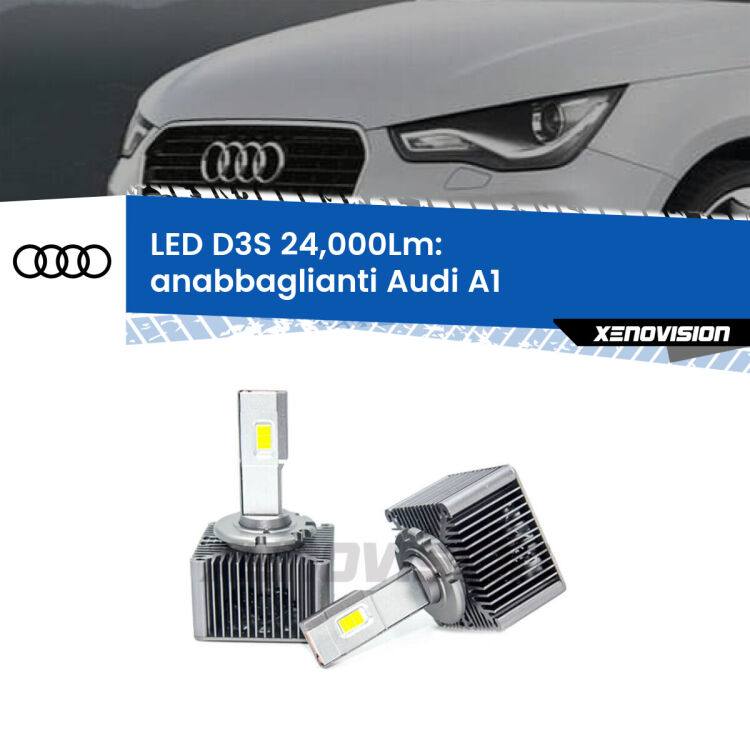 Anabbaglianti LED D3S per Audi A1  2010 - 2018 24,000Lumen Canbus <strong>Kit trasformazione a LED per fari xenon di serie Audi A1</strong>  2010 - 2018. Lampade <strong>D3S</strong> Plug&Play no-errori 24.000Lumen da Xenovision.