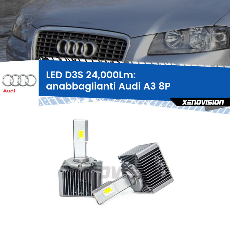 <strong>Kit trasformazione a LED per fari xenon di serie Audi A3</strong> 8P 2008 - 2012. Lampade <strong>D3S</strong> Plug&Play no-errori 24.000Lumen da Xenovision.