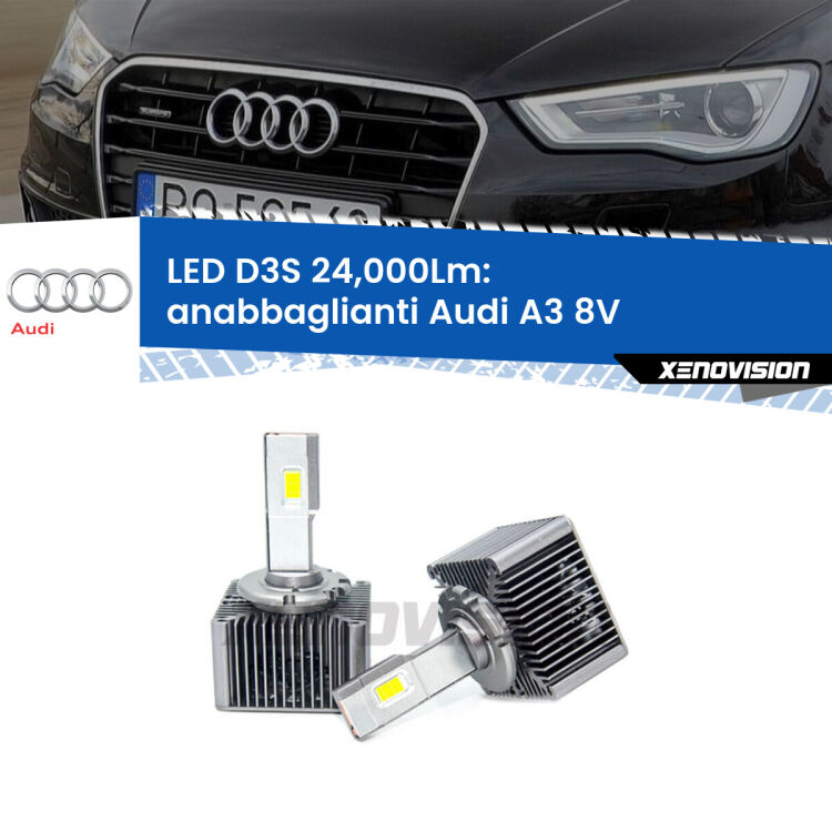 <strong>Kit trasformazione a LED per fari xenon di serie Audi A3</strong> 8V 2013 - 2016. Lampade <strong>D3S</strong> Plug&Play no-errori 24.000Lumen da Xenovision.