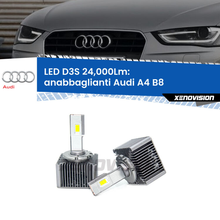 <strong>Kit trasformazione a LED per fari xenon di serie Audi A4</strong> B8 2007 - 2015. Lampade <strong>D3S</strong> Plug&Play no-errori 24.000Lumen da Xenovision.