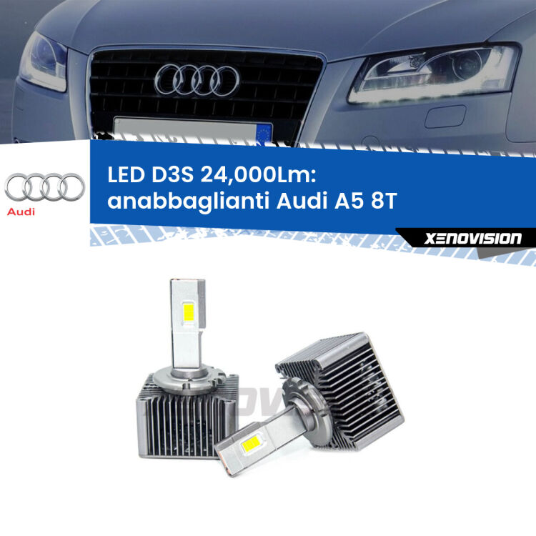 <strong>Kit trasformazione a LED per fari xenon di serie Audi A5</strong> 8T 2007 - 2017. Lampade <strong>D3S</strong> Plug&Play no-errori 24.000Lumen da Xenovision.