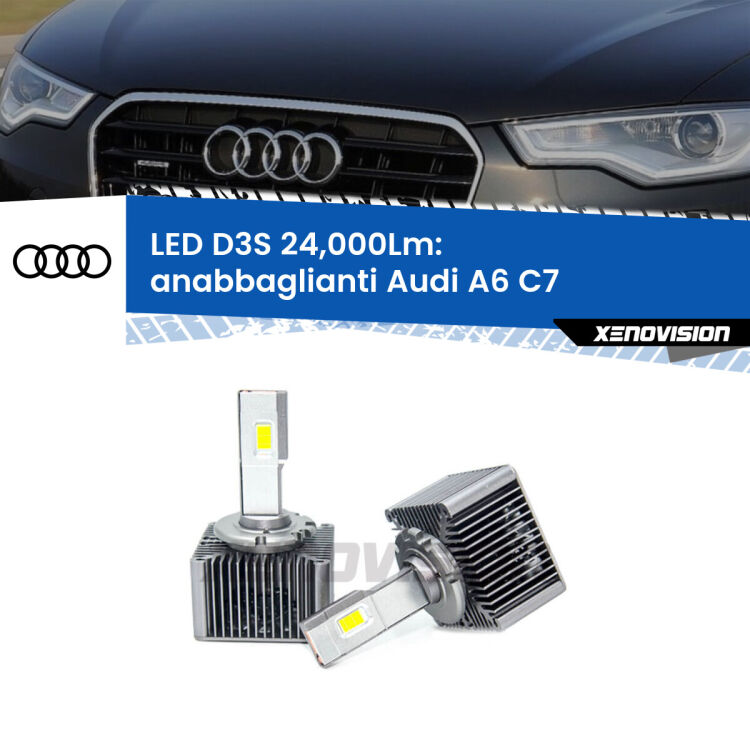 Anabbaglianti LED D3S per Audi A6 C7 2010 - 2014 24,000Lumen Canbus <strong>Kit trasformazione a LED per fari xenon di serie Audi A6</strong> C7 2010 - 2014. Lampade <strong>D3S</strong> Plug&Play no-errori 24.000Lumen da Xenovision.