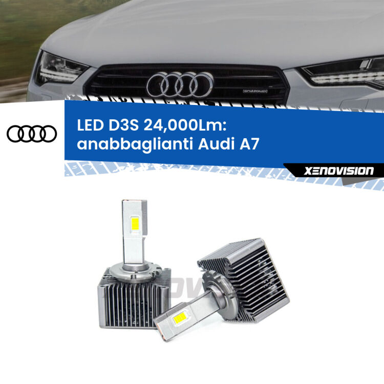 0 Anabbaglianti LED D3S per Audi A7 2010 - 2018 24,000Lumen Canbus <strong>Kit trasformazione a LED per fari xenon di serie Audi A7</strong> 2010 - 2018. Lampade <strong>D3S</strong> Plug&Play no-errori 24.000Lumen da Xenovision.