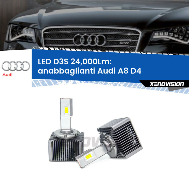 <strong>Kit trasformazione a LED per fari xenon di serie Audi A8</strong> D4 2009 - 2018. Lampade <strong>D3S</strong> Plug&Play no-errori 24.000Lumen da Xenovision.