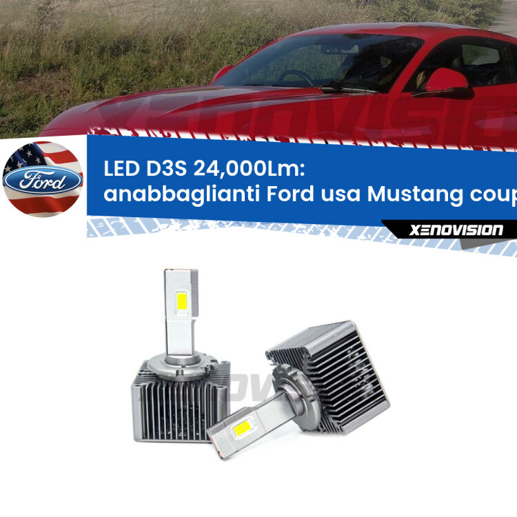 <strong>Kit trasformazione a LED per fari xenon di serie Ford usa Mustang coupe</strong>  con xenon automatici. Lampade <strong>D3S</strong> Plug&Play no-errori 24.000Lumen da Xenovision.