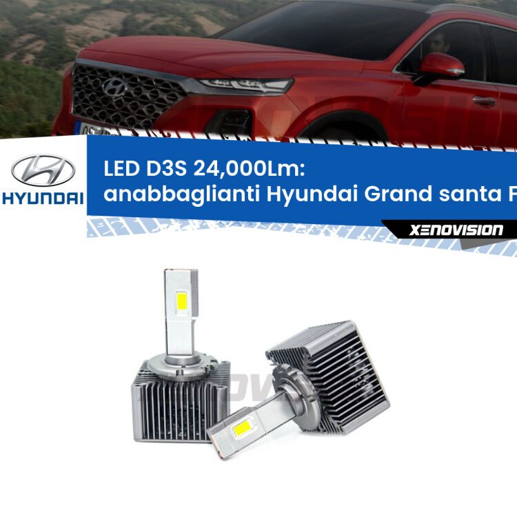 Anabbaglianti LED D3S per Hyundai Grand santa FÉ 2013 in poi 24,000Lumen Canbus <strong>Kit trasformazione a LED per fari xenon di serie Hyundai Grand santa FÉ</strong> 2013 in poi. Lampade <strong>D3S</strong> Plug&Play no-errori 24.000Lumen da Xenovision.