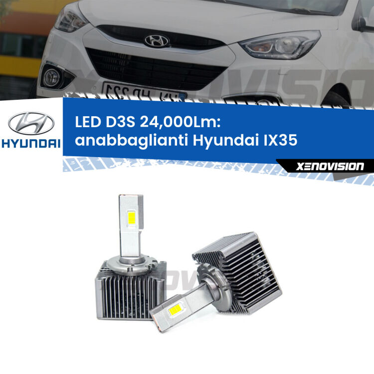 Anabbaglianti LED D3S per Hyundai IX35  2014 - 2015 24,000Lumen Canbus <strong>Kit trasformazione a LED per fari xenon di serie Hyundai IX35</strong>  2014 - 2015. Lampade <strong>D3S</strong> Plug&Play no-errori 24.000Lumen da Xenovision.