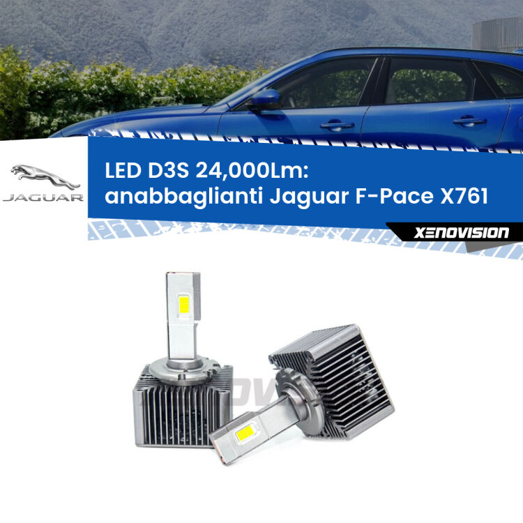 0 Anabbaglianti LED D3S per Jaguar F-Pace X761 2015 in poi 24,000Lumen Canbus <strong>Kit trasformazione a LED per fari xenon di serie Jaguar F-Pace</strong> X761 2015 in poi. Lampade <strong>D3S</strong> Plug&Play no-errori 24.000Lumen da Xenovision.