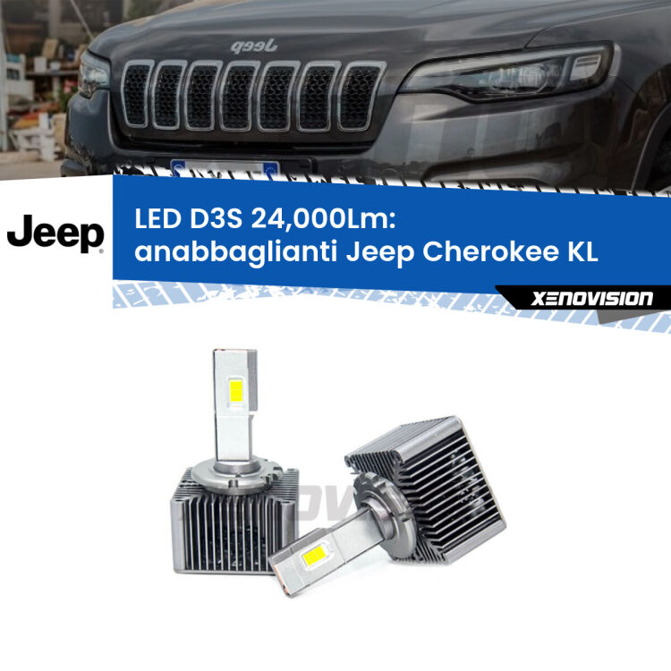 <strong>Kit trasformazione a LED per fari xenon di serie Jeep Cherokee</strong> KL 2014 in poi. Lampade <strong>D3S</strong> Plug&Play no-errori 24.000Lumen da Xenovision.