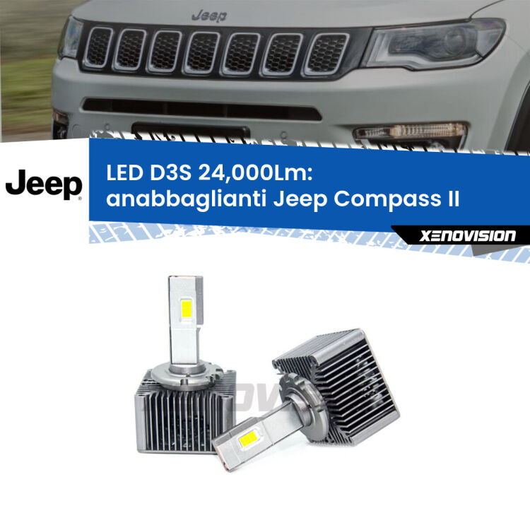 Anabbaglianti LED D3S per Jeep Compass II LPR 24,000Lumen Canbus <strong>Kit trasformazione a LED per fari xenon di serie Jeep Compass</strong> II LPR. Lampade <strong>D3S</strong> Plug&Play no-errori 24.000Lumen da Xenovision.