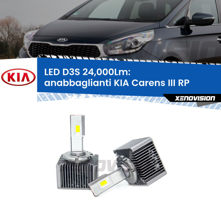 <strong>Kit trasformazione a LED per fari xenon di serie KIA Carens III</strong> RP 2012 - 2021. Lampade <strong>D3S</strong> Plug&Play no-errori 24.000Lumen da Xenovision.
