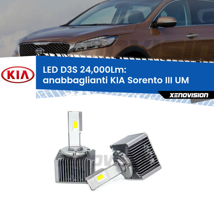 <strong>Kit trasformazione a LED per fari xenon di serie KIA Sorento III</strong> UM 2015 in poi. Lampade <strong>D3S</strong> Plug&Play no-errori 24.000Lumen da Xenovision.