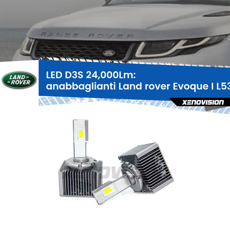 Anabbaglianti LED D3S per Land rover Evoque I L538 2011 in poi 24,000Lumen Canbus <strong>Kit trasformazione a LED per fari xenon di serie Land rover Evoque I</strong> L538 2011 in poi. Lampade <strong>D3S</strong> Plug&Play no-errori 24.000Lumen da Xenovision.