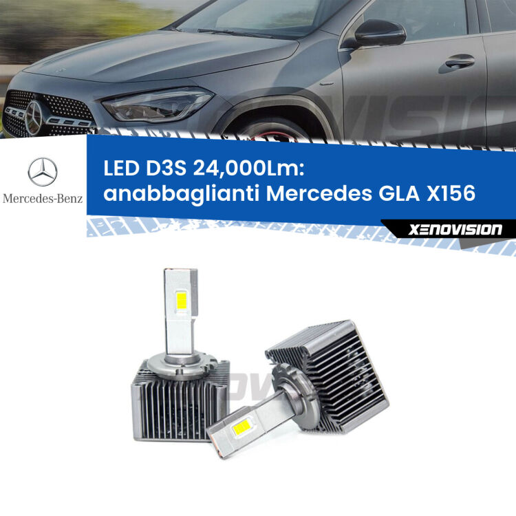 <strong>Kit trasformazione a LED per fari xenon di serie Mercedes GLA</strong> X156 2013 in poi. Lampade <strong>D3S</strong> Plug&Play no-errori 24.000Lumen da Xenovision.