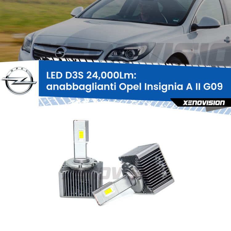 Anabbaglianti LED D3S per Opel Insignia A II G09 2014 - 2017 24,000Lumen Canbus <strong>Kit trasformazione a LED per fari xenon di serie Opel Insignia A II</strong> G09 2014 - 2017. Lampade <strong>D3S</strong> Plug&Play no-errori 24.000Lumen da Xenovision.