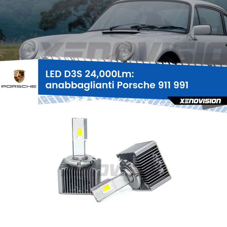 <strong>Kit trasformazione a LED per fari xenon di serie Porsche 911</strong> 991 2011 - 2013. Lampade <strong>D3S</strong> Plug&Play no-errori 24.000Lumen da Xenovision.