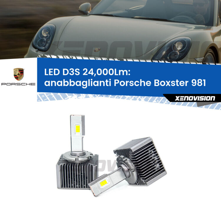 Anabbaglianti LED D3S per Porsche Boxster 981 2012 in poi 24,000Lumen Canbus <strong>Kit trasformazione a LED per fari xenon di serie Porsche Boxster</strong> 981 2012 in poi. Lampade <strong>D3S</strong> Plug&Play no-errori 24.000Lumen da Xenovision.