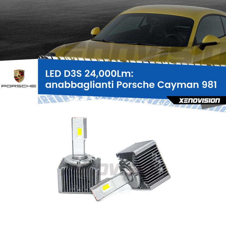 Anabbaglianti LED D3S per Porsche Cayman 981 2013 in poi 24,000Lumen Canbus <strong>Kit trasformazione a LED per fari xenon di serie Porsche Cayman</strong> 981 2013 in poi. Lampade <strong>D3S</strong> Plug&Play no-errori 24.000Lumen da Xenovision.
