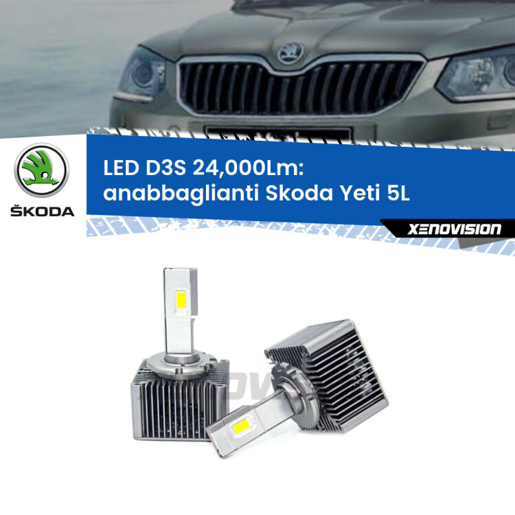 Anabbaglianti LED D3S per Skoda Yeti 5L 2014 - 2017 24,000Lumen Canbus <strong>Kit trasformazione a LED per fari xenon di serie Skoda Yeti</strong> 5L 2014 - 2017. Lampade <strong>D3S</strong> Plug&Play no-errori 24.000Lumen da Xenovision.