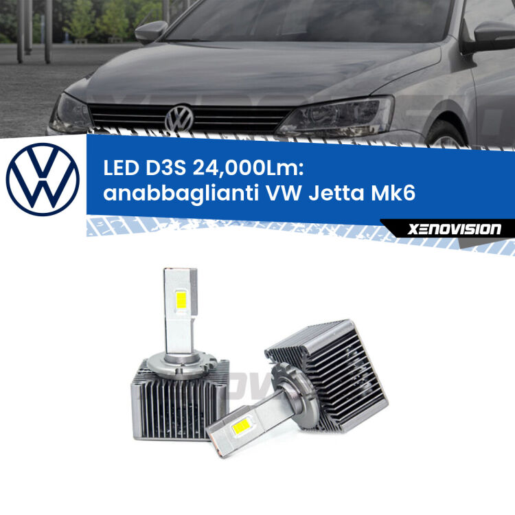 <strong>Kit trasformazione a LED per fari xenon di serie VW Jetta</strong> Mk6 2010 - 2017. Lampade <strong>D3S</strong> Plug&Play no-errori 24.000Lumen da Xenovision.