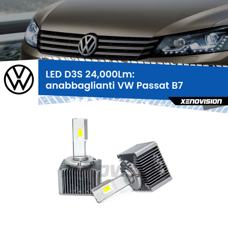 0 Anabbaglianti LED D3S per VW Passat B7 2010 - 2014 24,000Lumen Canbus <strong>Kit trasformazione a LED per fari xenon di serie VW Passat</strong> B7 2010 - 2014. Lampade <strong>D3S</strong> Plug&Play no-errori 24.000Lumen da Xenovision.