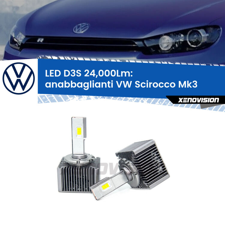 <strong>Kit trasformazione a LED per fari xenon di serie VW Scirocco</strong> Mk3 2015 - 2017. Lampade <strong>D3S</strong> Plug&Play no-errori 24.000Lumen da Xenovision.