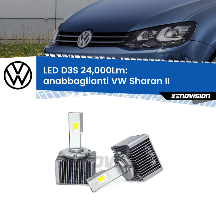0 Anabbaglianti LED D3S per VW Sharan II 2010 - 2019 24,000Lumen Canbus <strong>Kit trasformazione a LED per fari xenon di serie VW Sharan</strong> II 2010 - 2019. Lampade <strong>D3S</strong> Plug&Play no-errori 24.000Lumen da Xenovision.