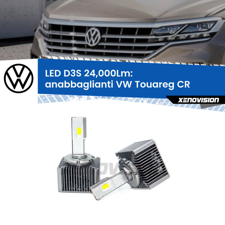 Anabbaglianti LED D3S per VW Touareg CR con luci svolta 24,000Lumen Canbus <strong>Kit trasformazione a LED per fari xenon di serie VW Touareg</strong> CR con luci svolta. Lampade <strong>D3S</strong> Plug&Play no-errori 24.000Lumen da Xenovision.