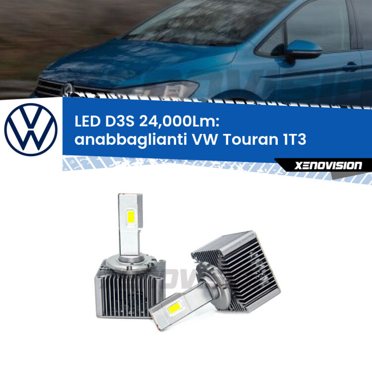 <strong>Kit trasformazione a LED per fari xenon di serie VW Touran</strong> 1T3 2010 - 2015. Lampade <strong>D3S</strong> Plug&Play no-errori 24.000Lumen da Xenovision.