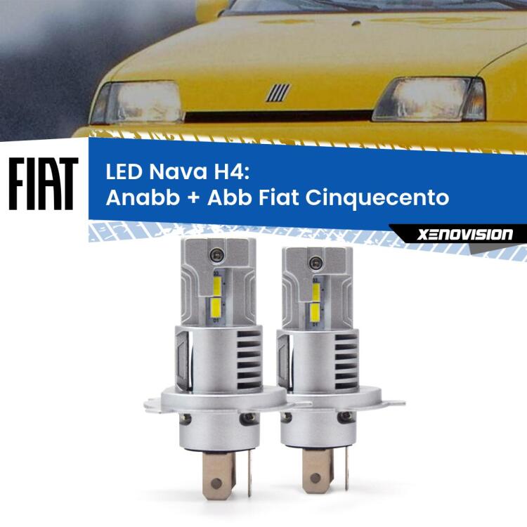 <strong>Anabbaglianti LED no-spie per Fiat Cinquecento</strong>  1991 - 1999. Coppia lampade <strong>H4</strong> modello Nava canbus, raffreddate a ventola.