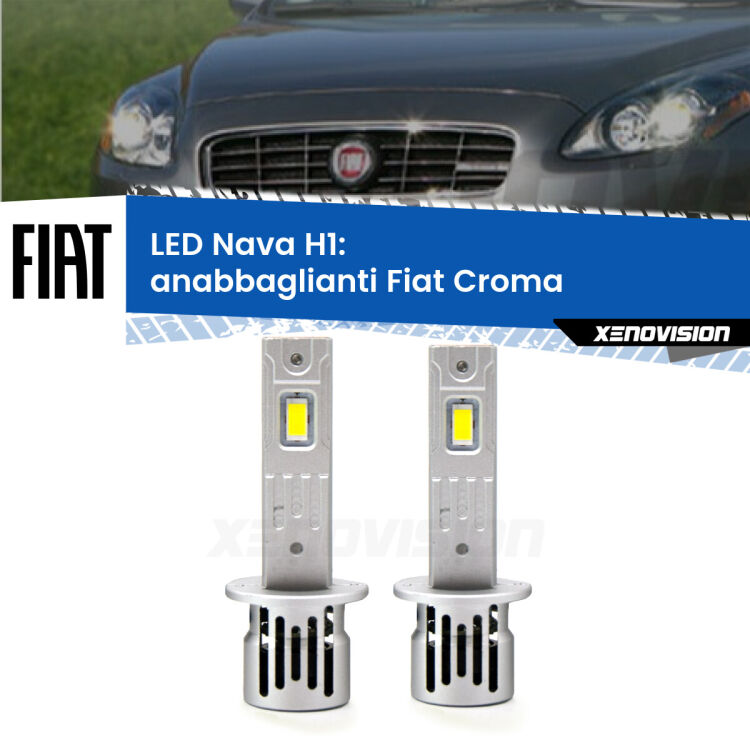 Anabbaglianti LED Fiat Croma  2007 - 2010: H1 Nava <strong>Anabbaglianti LED no-spie per Fiat Croma</strong>  2007 - 2010. Coppia lampade <strong> H1</strong> modello Nava canbus, raffreddate a ventola.