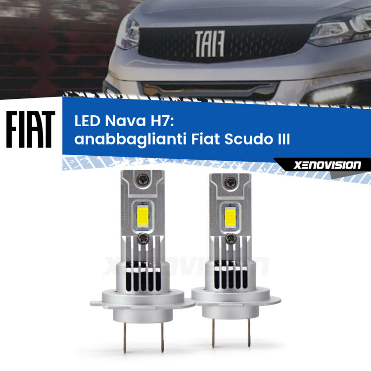 0 Anabbaglianti LED Fiat Scudo III 2022 in poi: H7 Nava <strong>Anabbaglianti LED no-spie per Fiat Scudo</strong> III 2022 in poi. Coppia lampade <strong>H7</strong> modello Nava canbus, raffreddate a ventola.